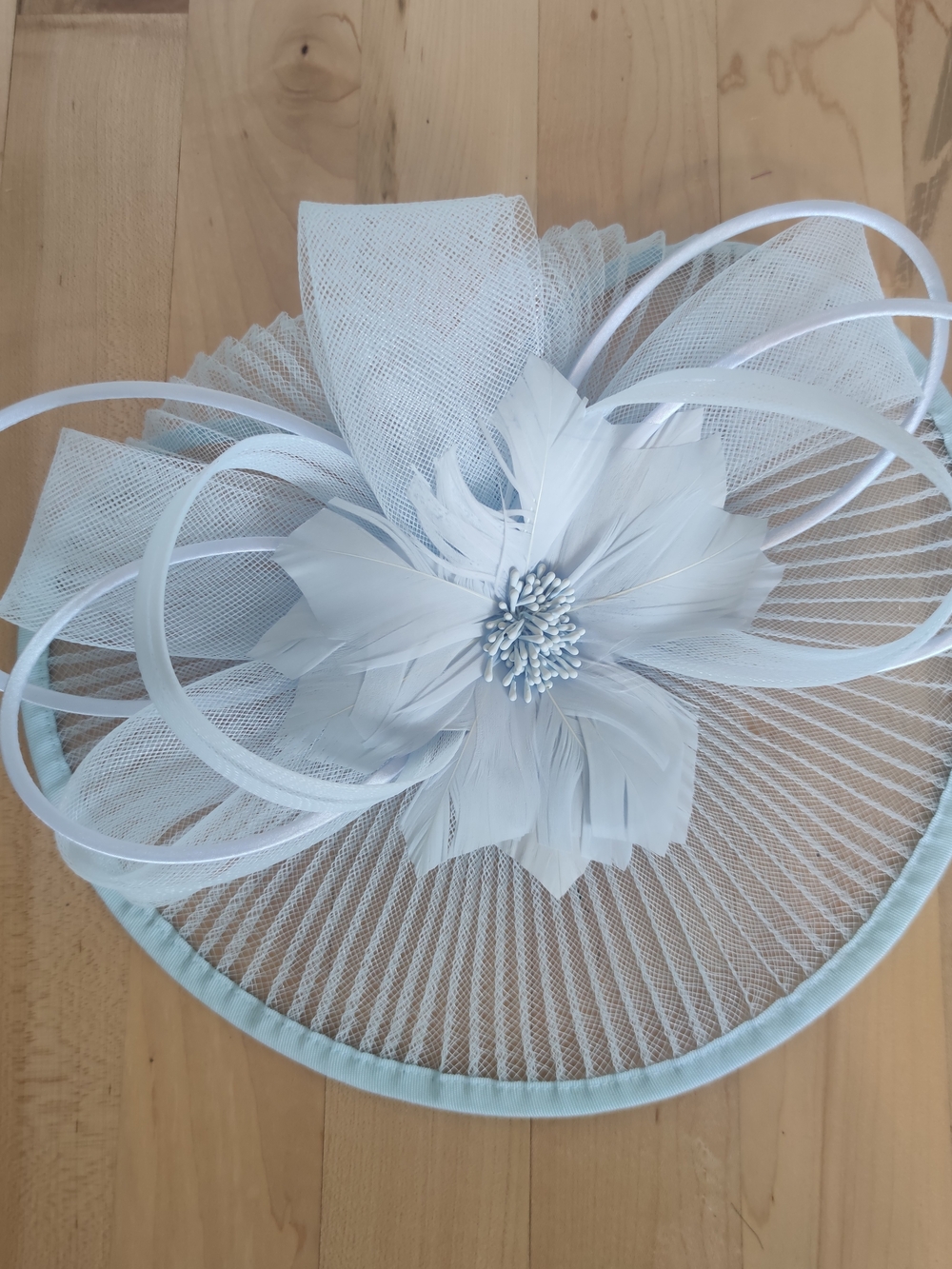 Women's Powder Blue Floral Fascinator Hat with Feather Detail
